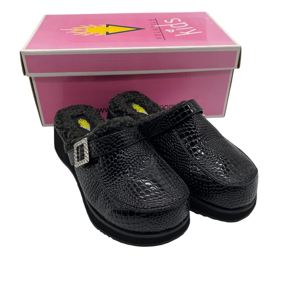 Volatile Kids NIB Solo Black Size 1 Faux Leather & Fur Clogs Rhinestone Accent